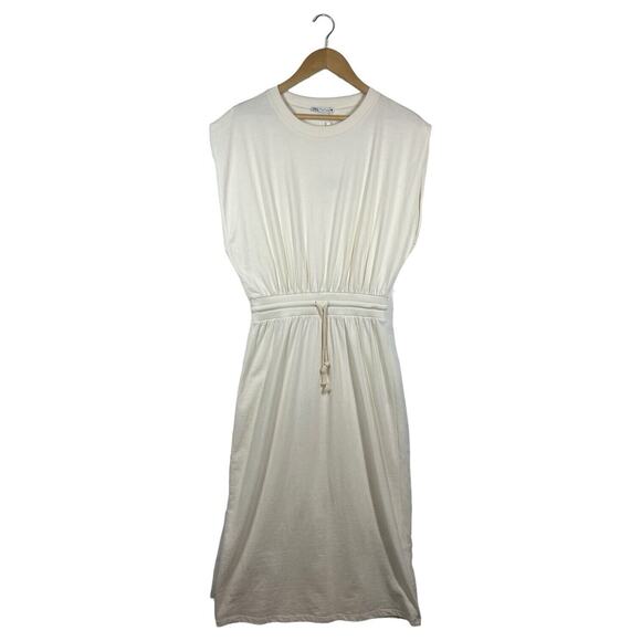 New Zara Dress Womens M Extended Shoulder Midi Tank Cinched Drawcord Waist Ivory - Picture 2 of 16